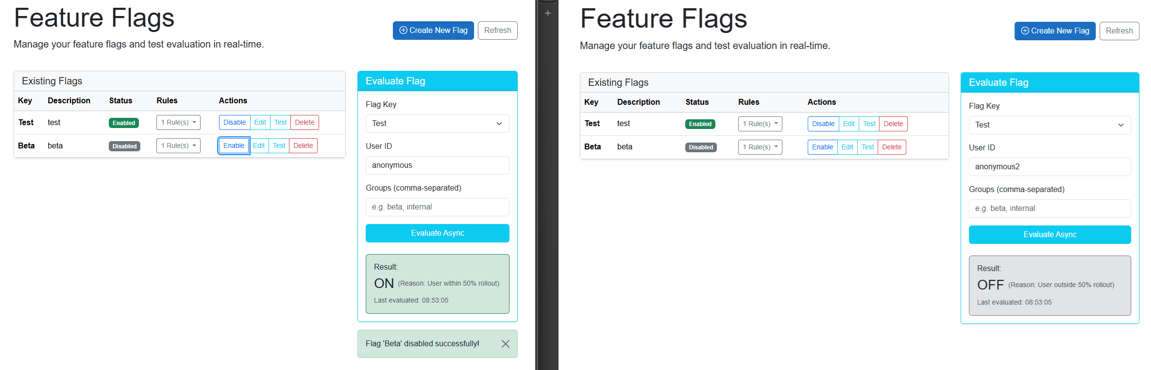 Screenshot of the locally run Blazor sample connected to the feature flags service